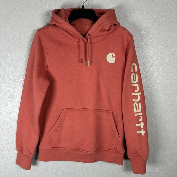 Carhartt Tops - CARHARTT Womens Small 4-6 Relaxed Fit Orange Logo Hoodie Sweatshirt Front Pocket